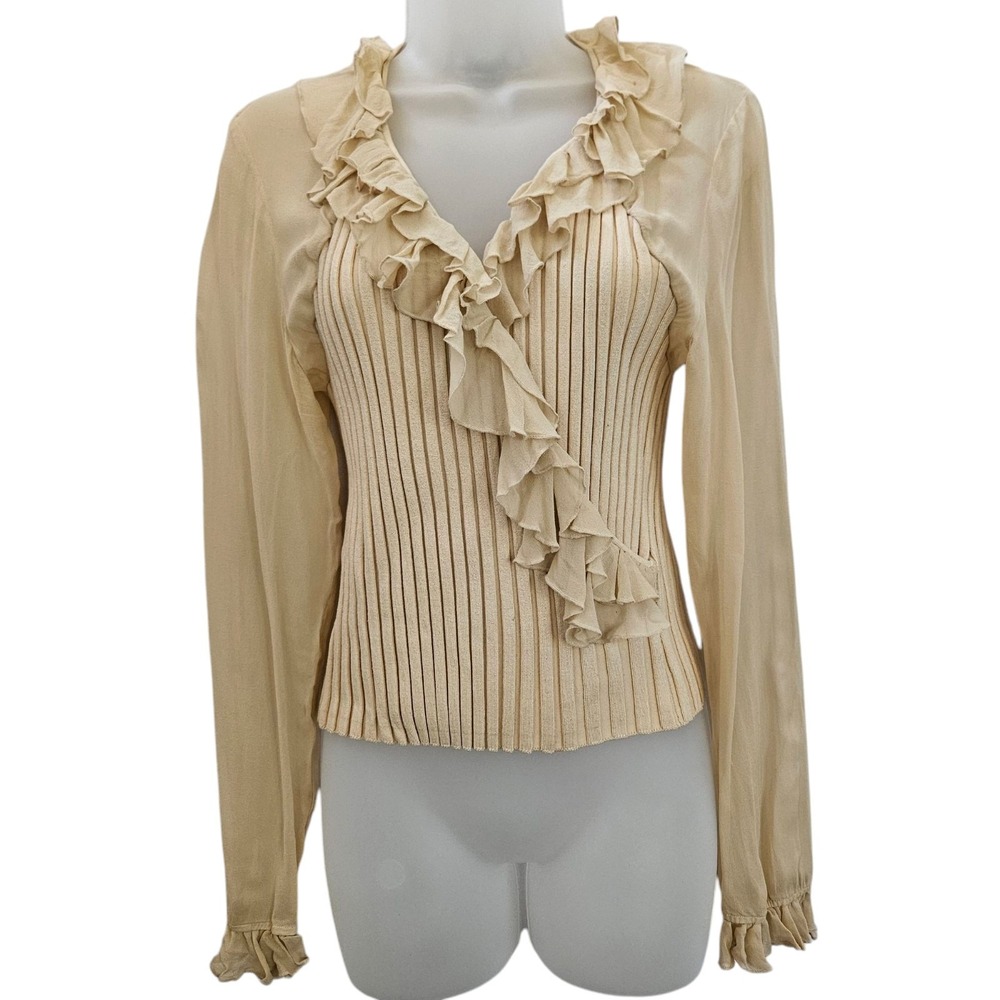 Tracy M Top Women's L Silk Blend Ruffled Faux Wrap Y2K Fairy Cottage Ribbed Knit
